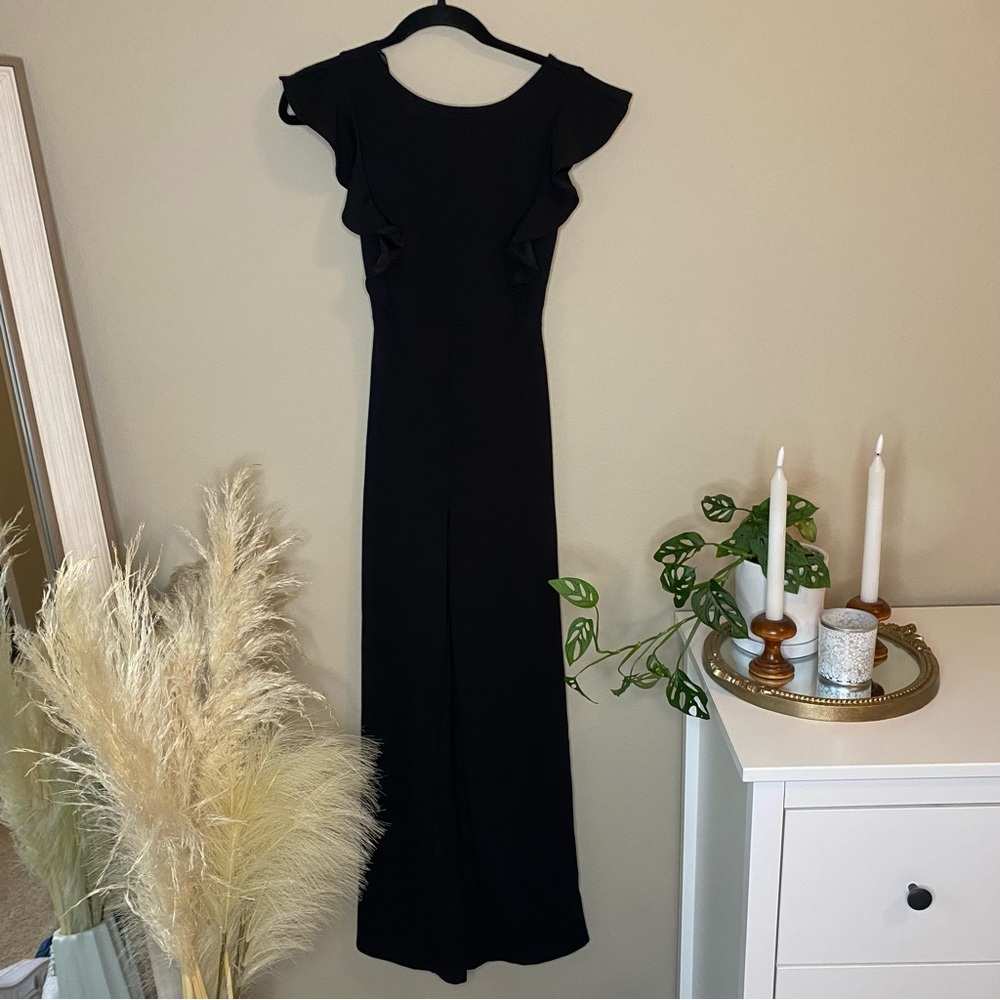21 Saints Black Jumpsuit Ruffle Shoulder Cap Sleeve Party Cocktail Outfit